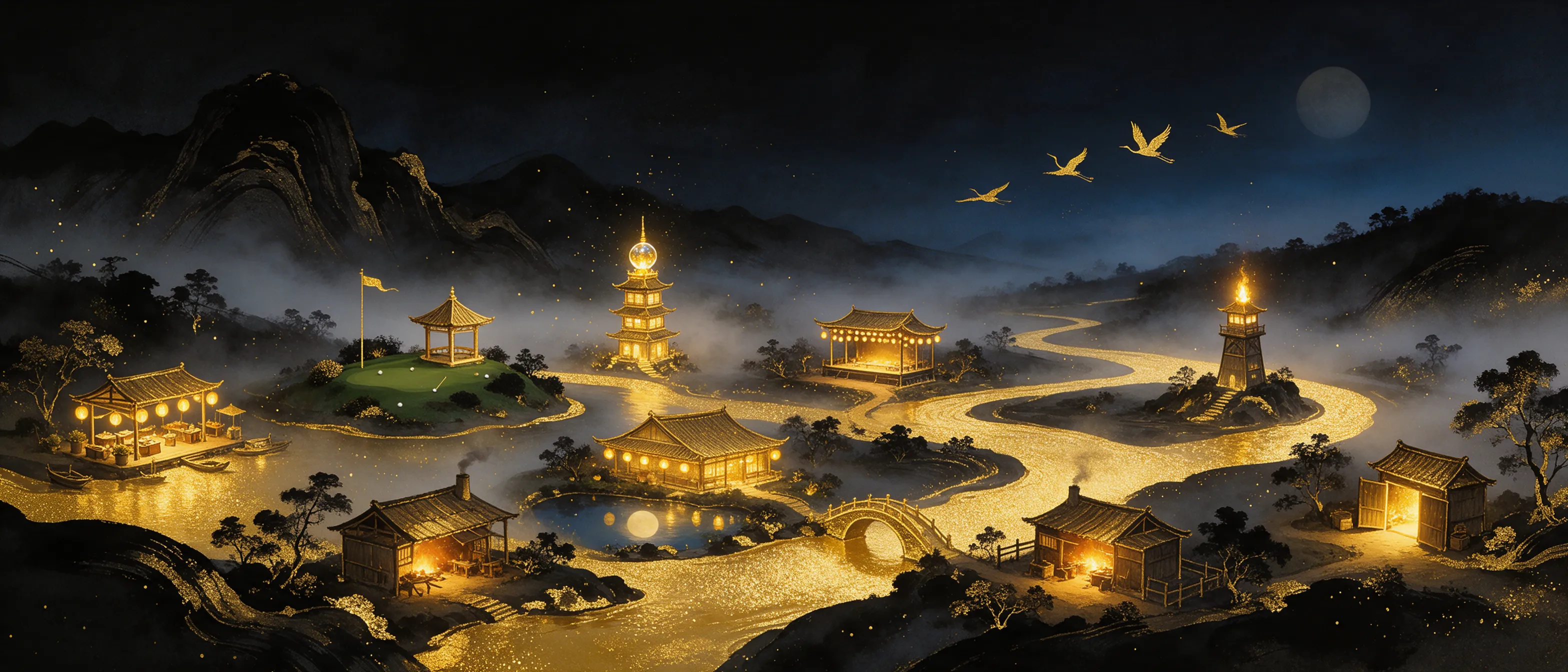 A misty valley with eight lit houses along a gold river